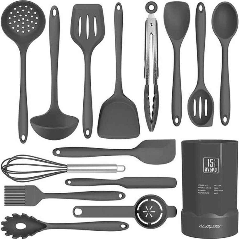 Dishwasher Safe Silicone Cooking Utensils Set, (BPA Free - Grey)